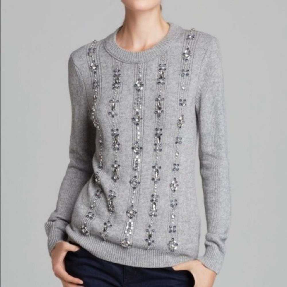 Tory Burch Gray Embellished Crew Neck Sweater